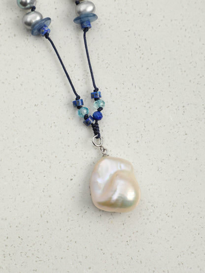 Statement Baroque Pearl and Lapis Lazuli Long Necklace