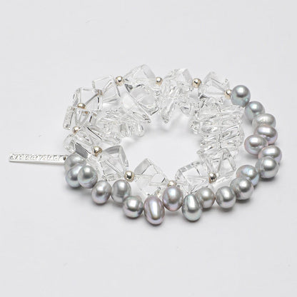 Natural Clear Quartz and Grey Baroque Pearl Bracelet