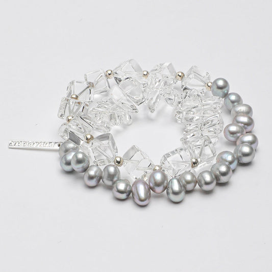 Natural Clear Quartz and Grey Baroque Pearl Bracelet
