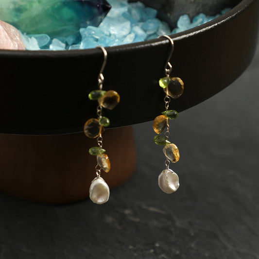Natural Peridot and Petal Pearl Cascade Earrings