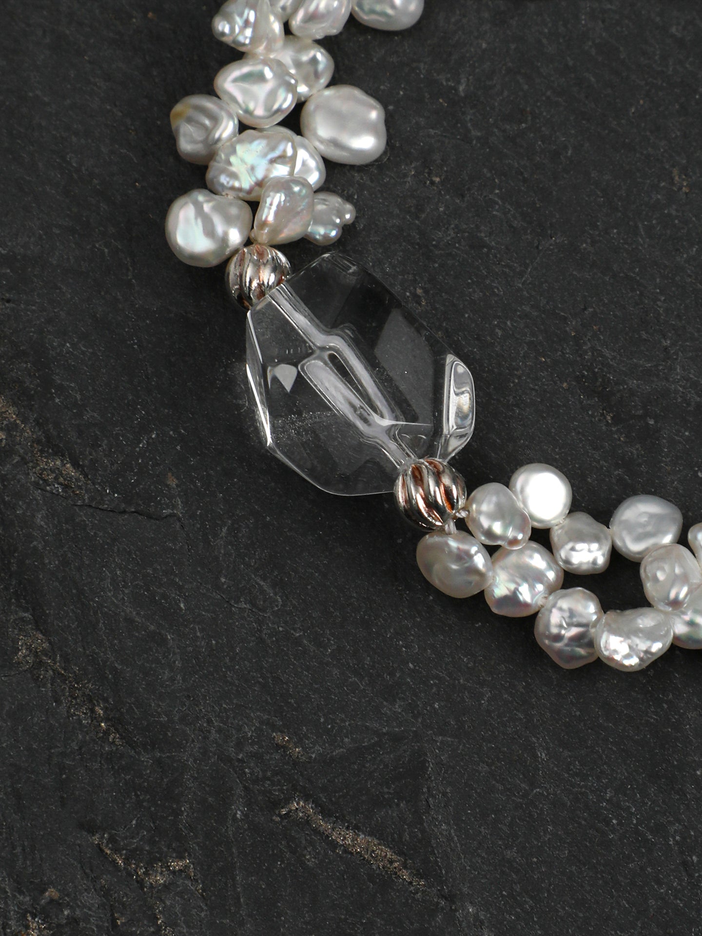 Natural Clear Quartz and Petal Baroque Pearl Bracelet