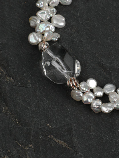 Natural Clear Quartz and Petal Baroque Pearl Bracelet