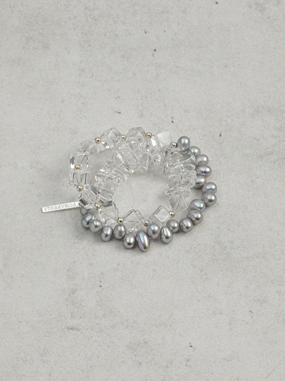 Natural Clear Quartz and Grey Baroque Pearl Bracelet