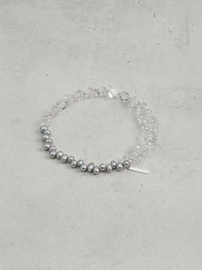 Natural Clear Quartz and Grey Baroque Pearl Bracelet