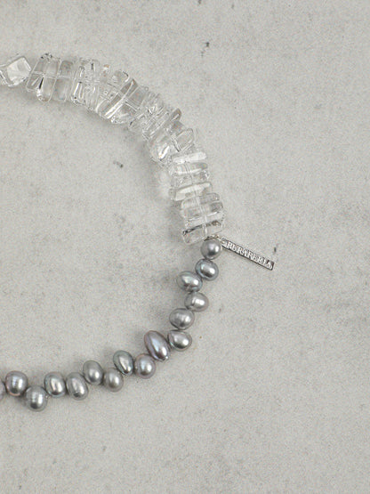 Natural Clear Quartz and Grey Baroque Pearl Bracelet