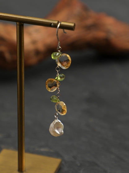 Natural Peridot and Petal Pearl Cascade Earrings