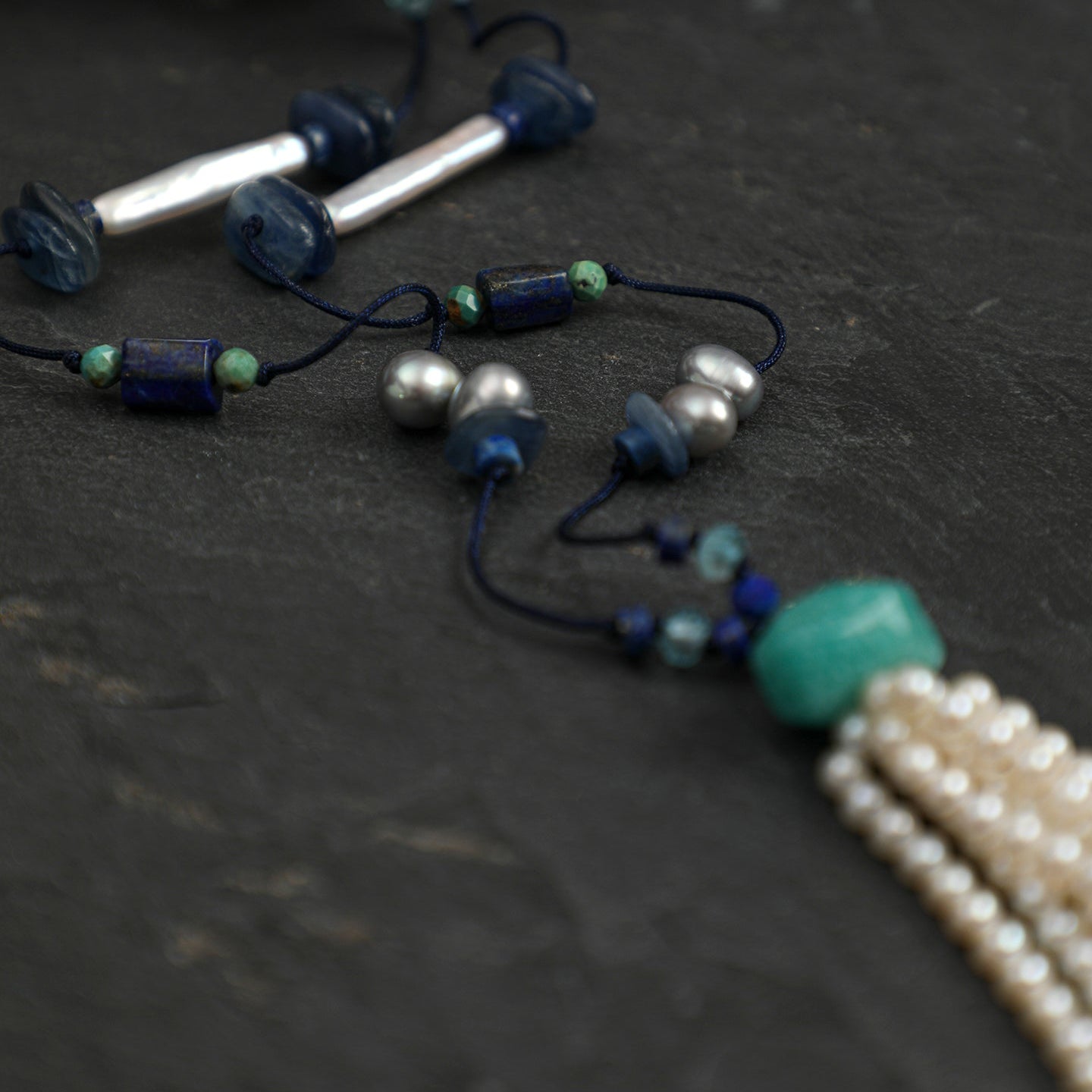 Natural Lapis Lazuli, Turquoise, and Pearl Tassel Long Necklace