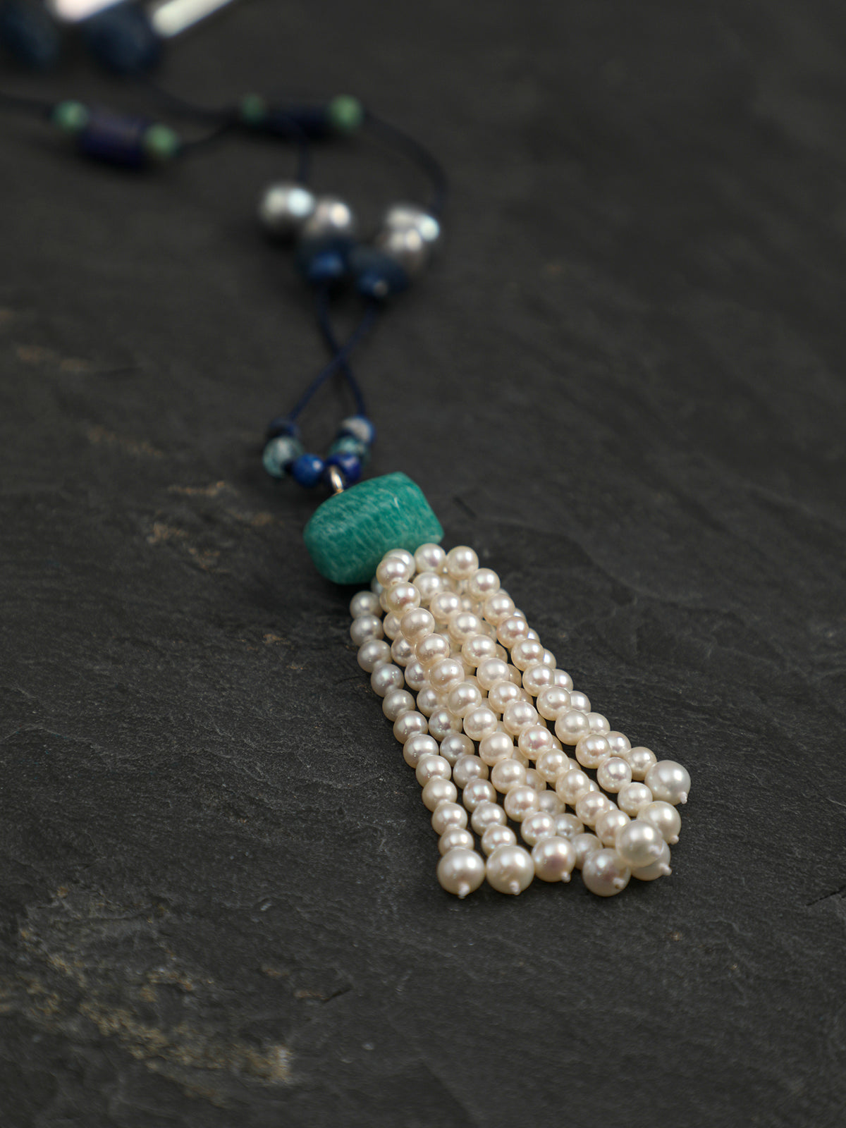 Side full view of Natural Lapis Lazuli,Turquoise,and Pearl Tassel Long Necklace,handcrafted crystal pearl jewelry,925 sterling silver,minimalist luxury gift for women,long sweater chain