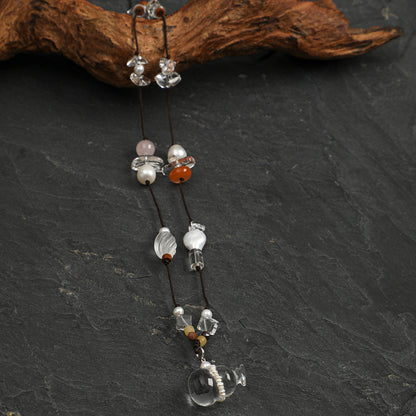 Natural Clear Quartz Gourd and Multi-Gemstone Long Necklace