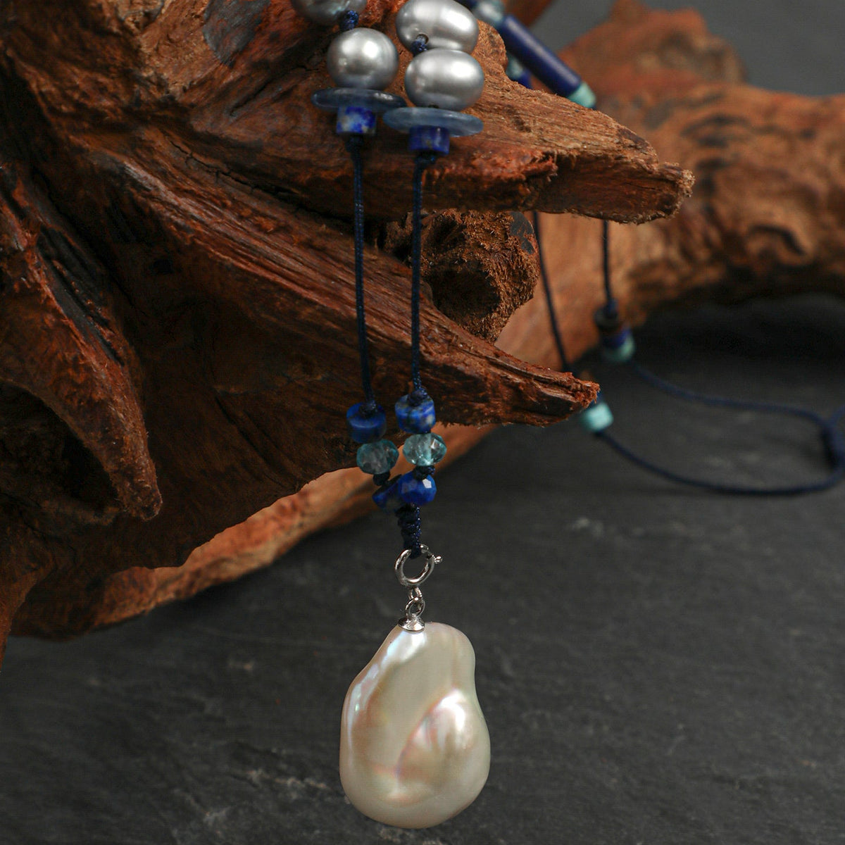 Side full view Statement Baroque Pearl and Lapis Lazuli Long Necklace,handcrafted crystal pearl jewelry,925 sterling silver,minimalist luxury gift for women,Sweater Chain