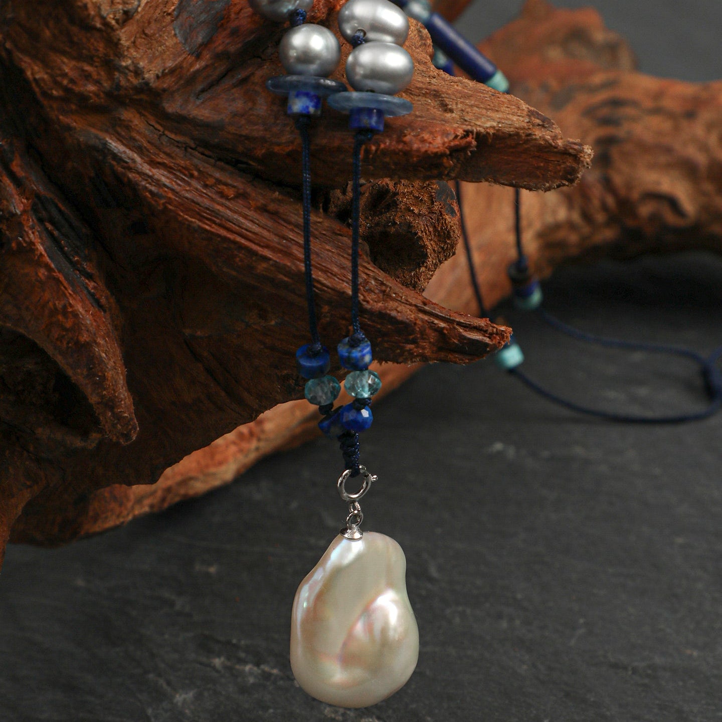 Side full view Statement Baroque Pearl and Lapis Lazuli Long Necklace,handcrafted crystal pearl jewelry,925 sterling silver,minimalist luxury gift for women,Sweater Chain