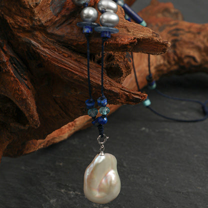 Side full view Statement Baroque Pearl and Lapis Lazuli Long Necklace,handcrafted crystal pearl jewelry,925 sterling silver,minimalist luxury gift for women,Sweater Chain