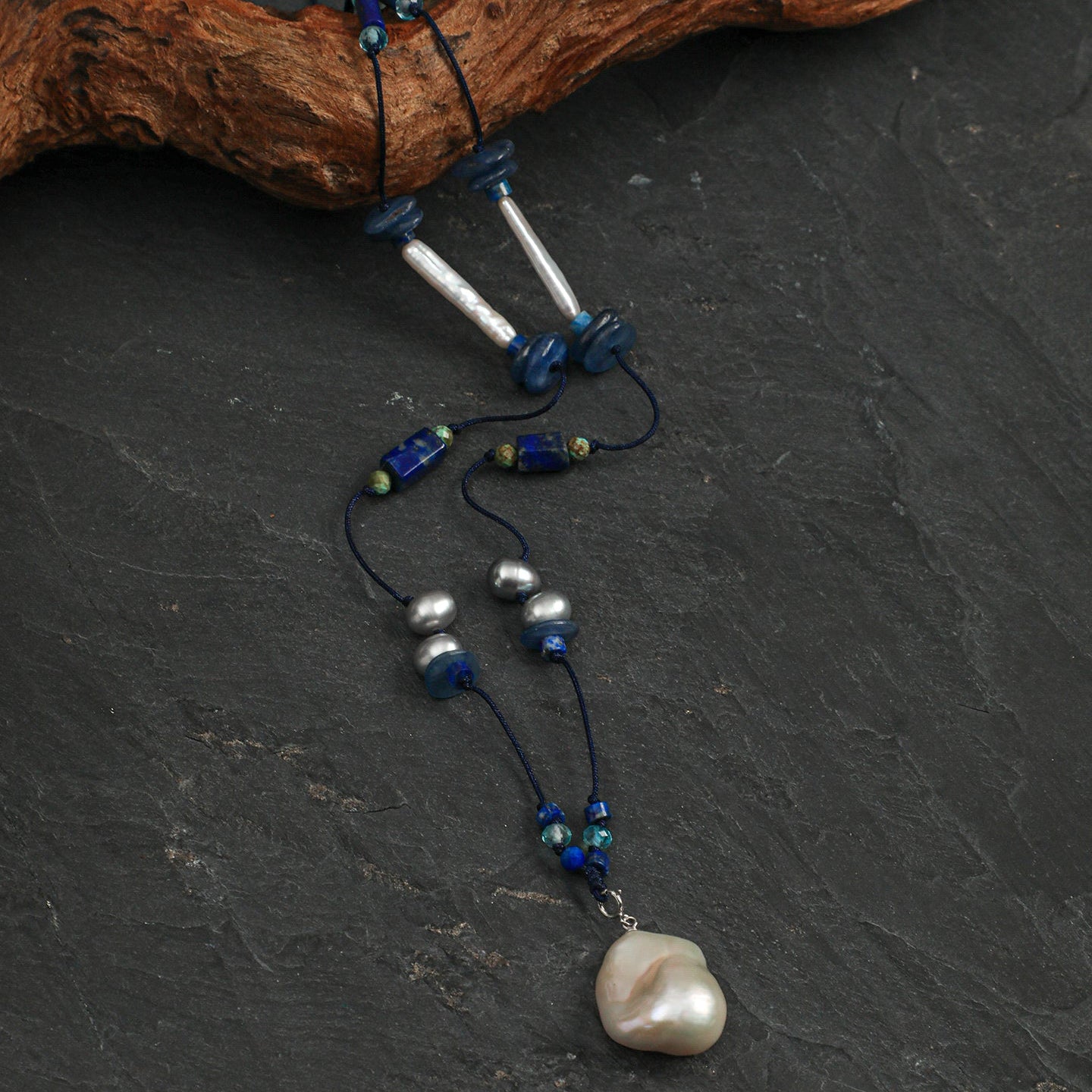 Statement Baroque Pearl and Lapis Lazuli Long Necklace