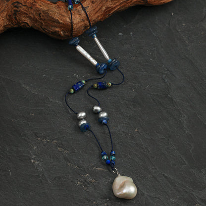 Statement Baroque Pearl and Lapis Lazuli Long Necklace