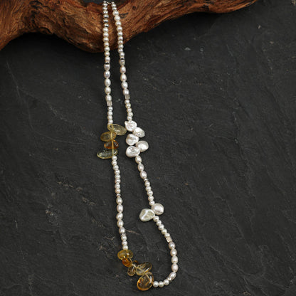 Side full view of Natural Citrine Long Points and Freshwater Pearl Necklace,natural gemstone and pearl texture,925 sterling silver fine jewelry ,layered necklaces
