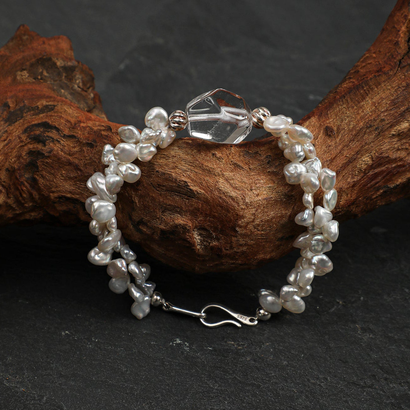 Natural Clear Quartz and Petal Baroque Pearl Bracelet