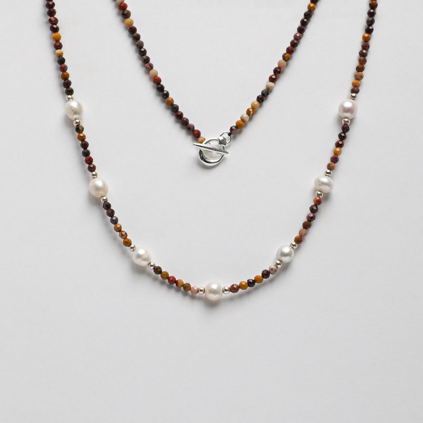 Natural Jasper and Lustrous Freshwater Pearl Long Necklace