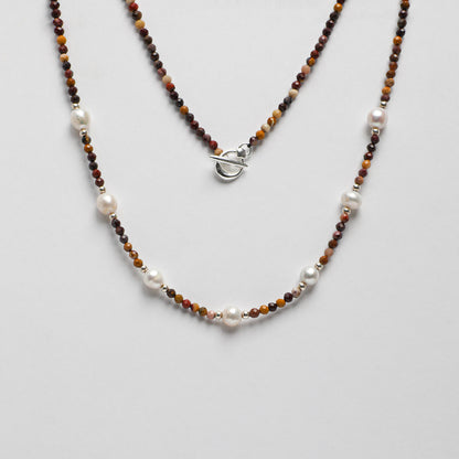 Natural Jasper and Lustrous Freshwater Pearl Long Necklace