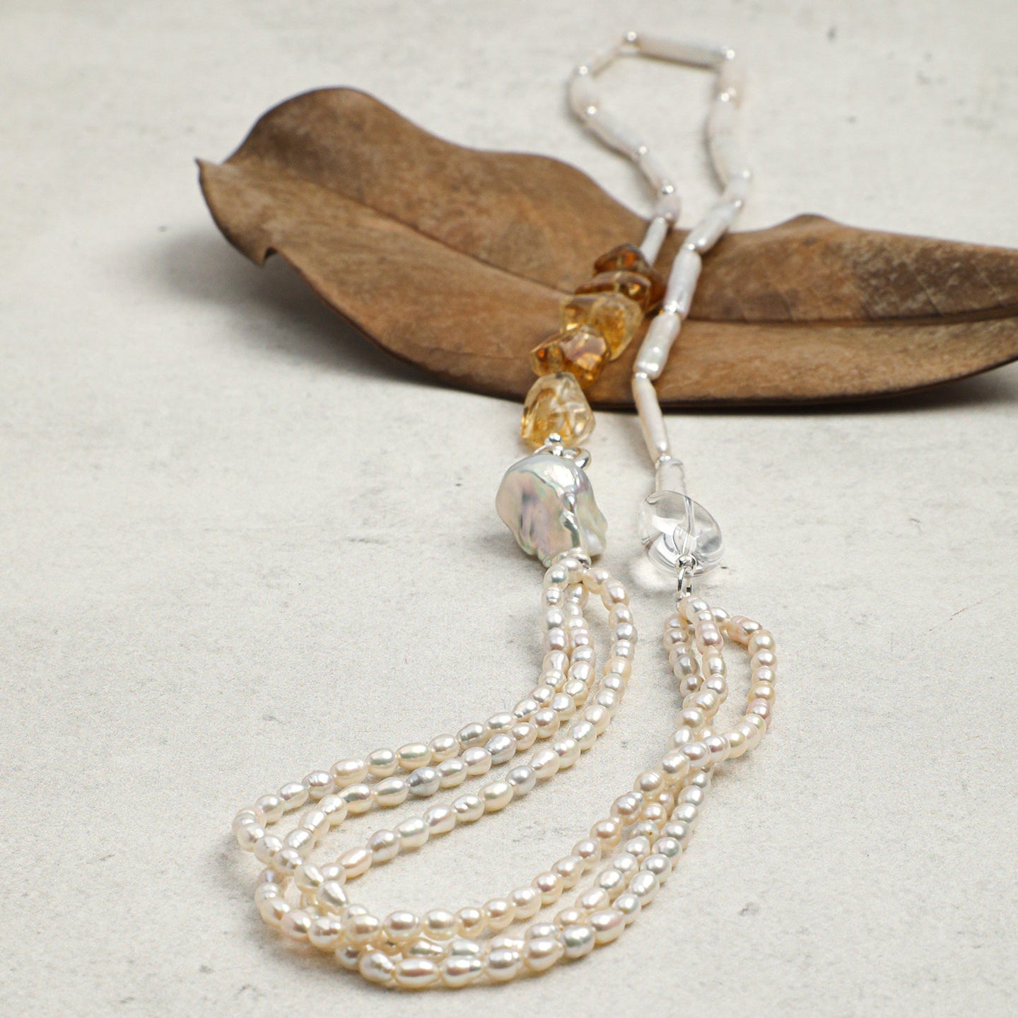 Natural Brazilian Citrine and Sculptural Baroque Pearl Necklace