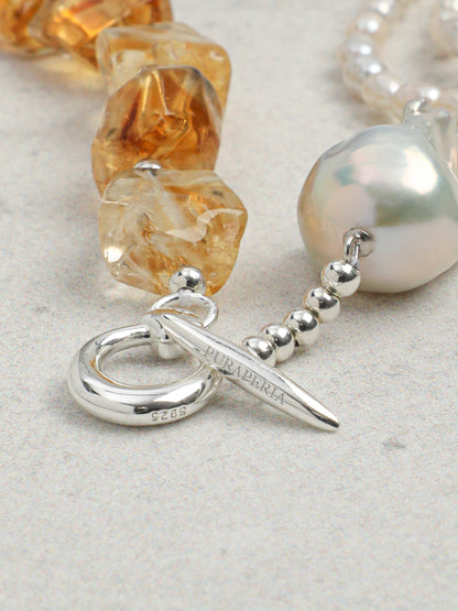 Natural Brazilian Citrine and Sculptural Baroque Pearl Necklace