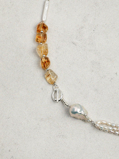 Close-up detail of Natural Brazilian Citrine Necklace,natural gemstone and pearl texture,925 sterling silver fine jewelry