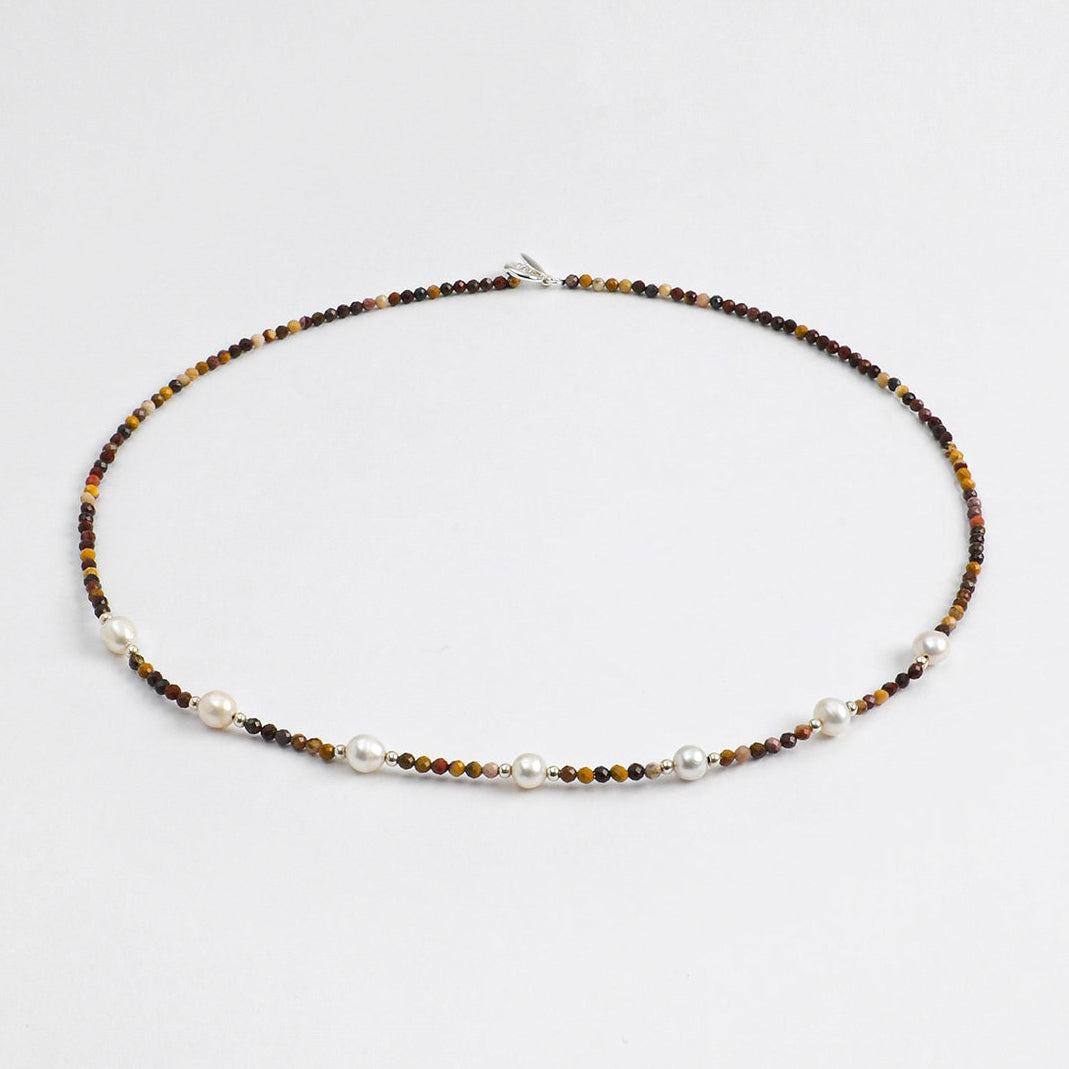 Natural Jasper and Lustrous Freshwater Pearl Long Necklace