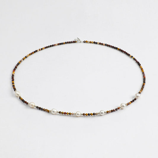 Natural Jasper and Lustrous Freshwater Pearl Long Necklace