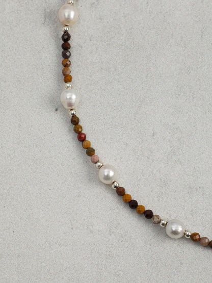 Close-up detail of  Jasper and Lustrous Freshwater Pearl Necklace,natural gemstone and pearl texture,925 sterling silver fine jewelry