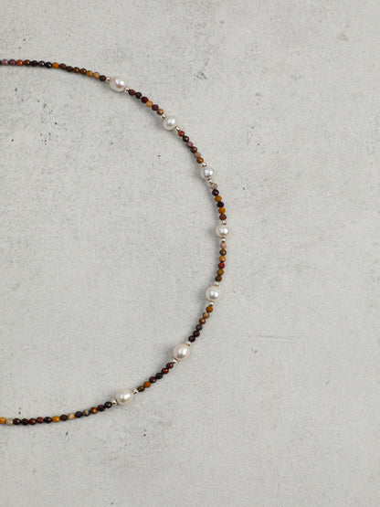 Macro close-up of  Jasper and Lustrous Freshwater Pearl Necklace,natural gemstone and pearl texture,925 sterling silver fine jewelry