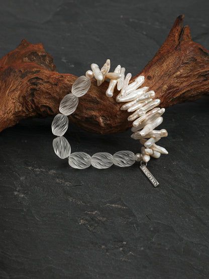 Natural Clear Quartz and Keshi Bar Pearl Bracelet