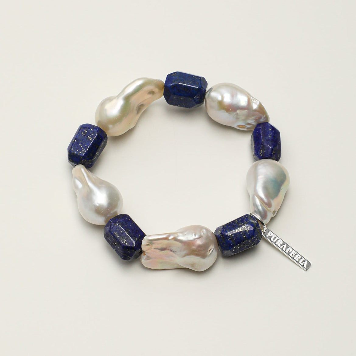 Chunky natural baroque pearl and freeform deep blue lapis lazuli beaded bracelet with S925 silver tag
