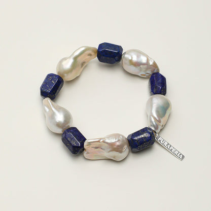Chunky natural baroque pearl and freeform deep blue lapis lazuli beaded bracelet with S925 silver tag