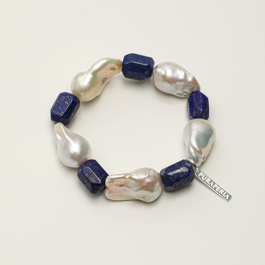 Chunky natural baroque pearl and freeform deep blue lapis lazuli beaded bracelet with S925 silver tag
