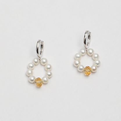 Natural Seed Pearl Hoop Earrings with Citrine
