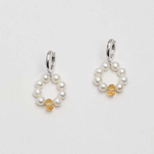 Natural Seed Pearl Hoop Earrings with Citrine