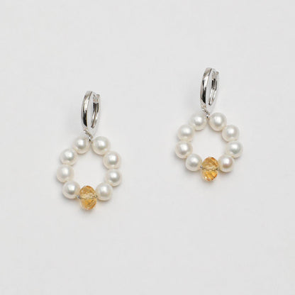 Natural Seed Pearl Hoop Earrings with Citrine,handcrafted crystal pearl jewelry,925 sterling silver,minimalist luxury gift for women