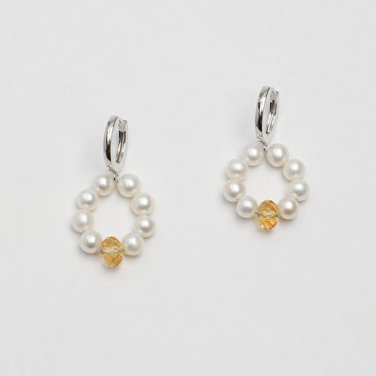 Natural Seed Pearl Hoop Earrings with Citrine,handcrafted crystal pearl jewelry,925 sterling silver,minimalist luxury gift for women