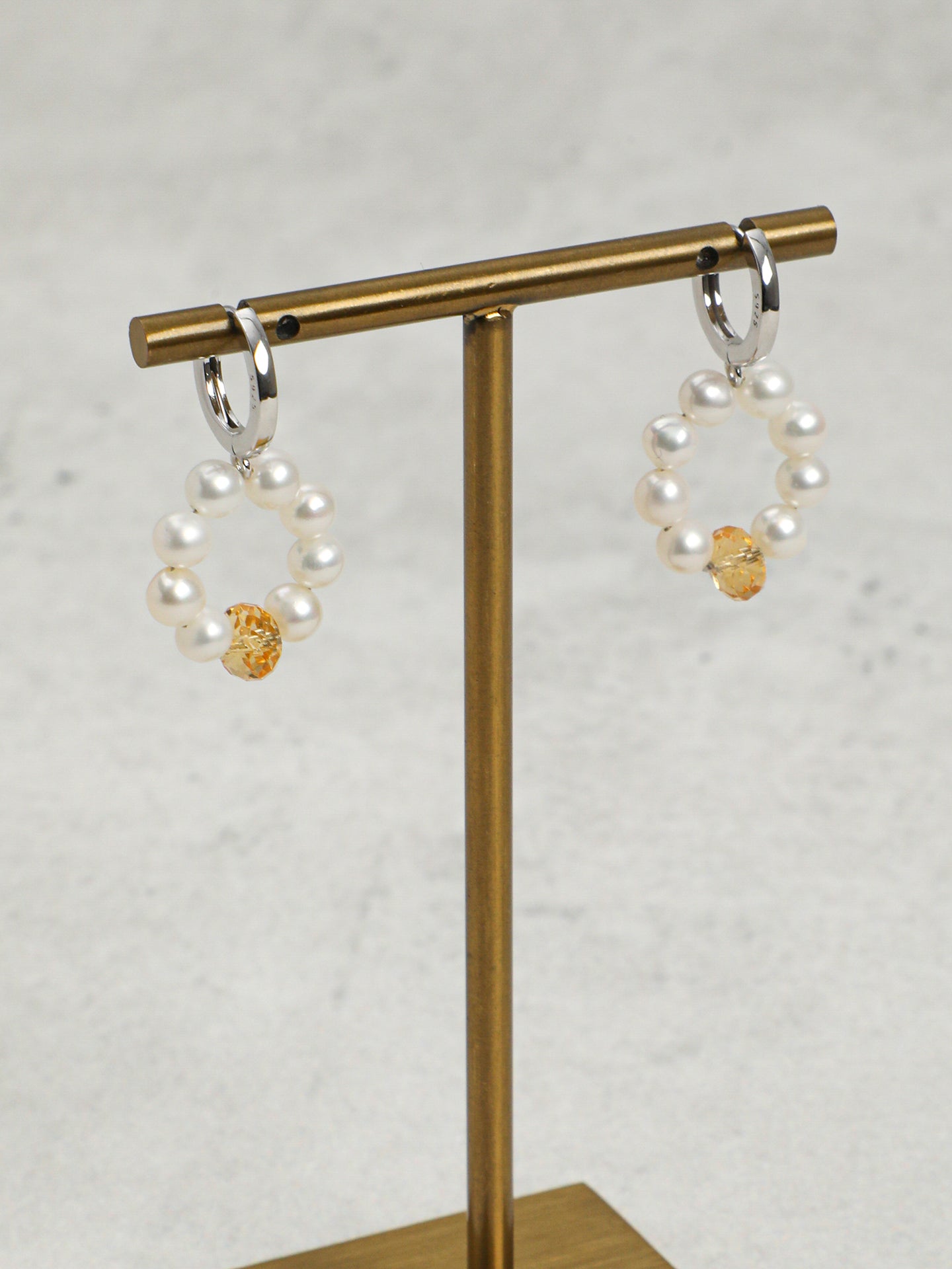 Side full view of Natural Seed Pearl Hoop Earrings with Citrine,natural gemstone and pearl texture,925 sterling silver fine jewelry 