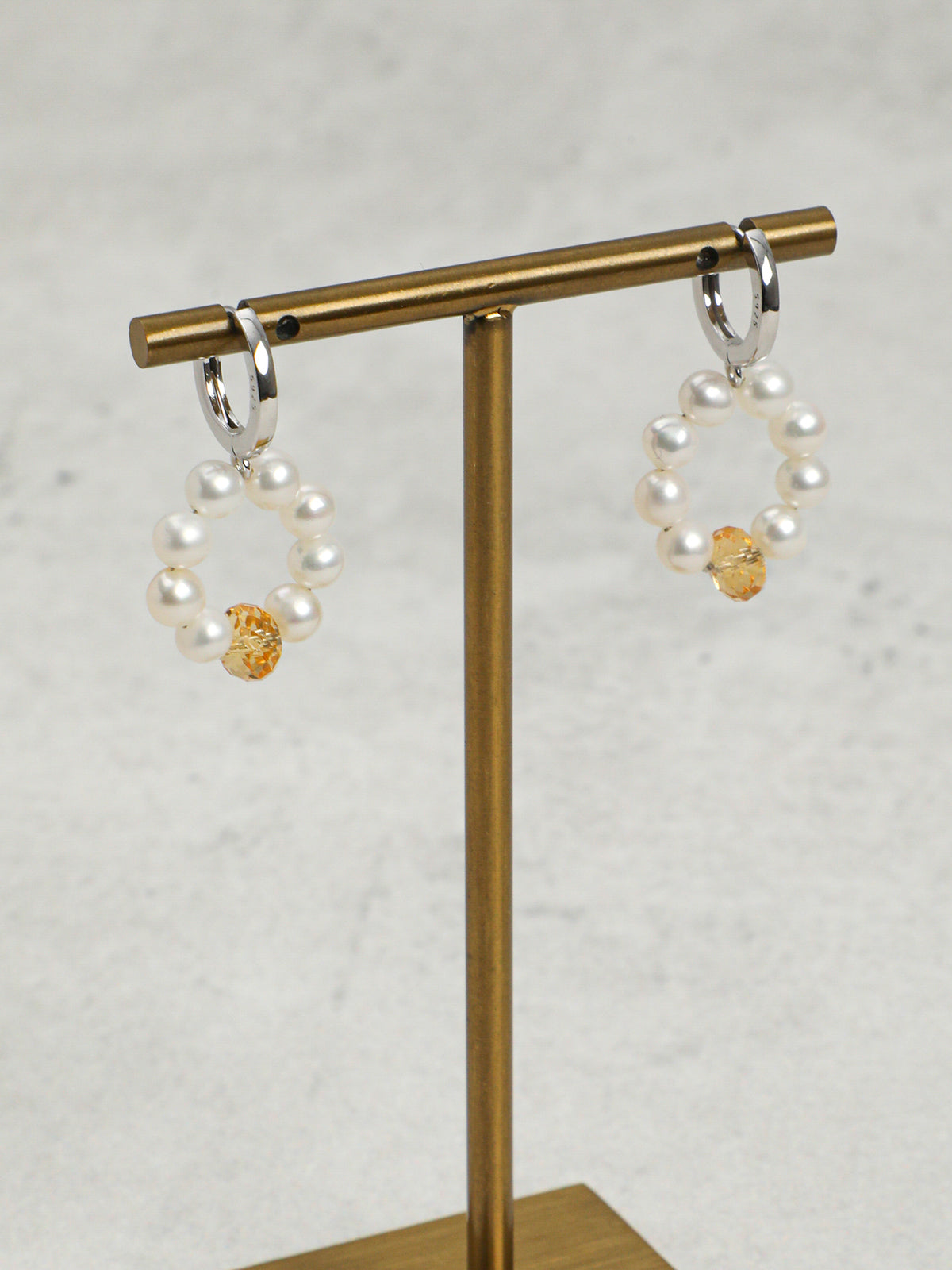Side full view of Natural Seed Pearl Hoop Earrings with Citrine,natural gemstone and pearl texture,925 sterling silver fine jewelry 