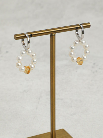 Side full view of Natural Seed Pearl Hoop Earrings with Citrine,natural gemstone and pearl texture,925 sterling silver fine jewelry 