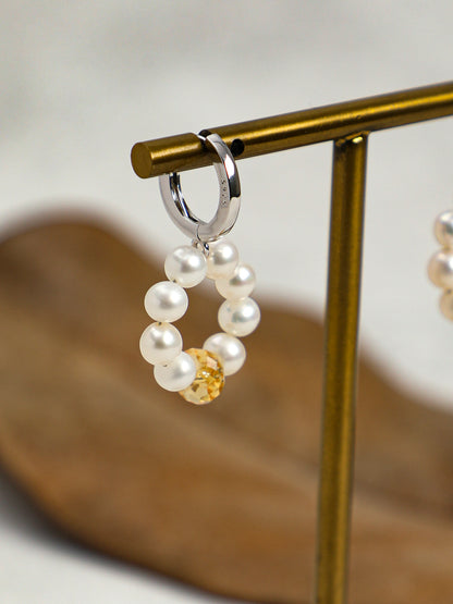 Close-up detail shot of  Natural Seed Pearl Hoop Earrings with Citrine,handcrafted crystal pearl jewelry,925 sterling silver,minimalist luxury gift for women