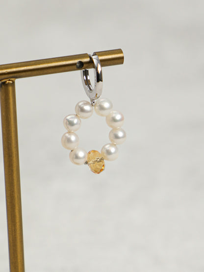 Macro close-up of Natural Seed Pearl Hoop Earrings with Citrine,handcrafted crystal pearl jewelry,925 sterling silver,minimalist luxury gift for women