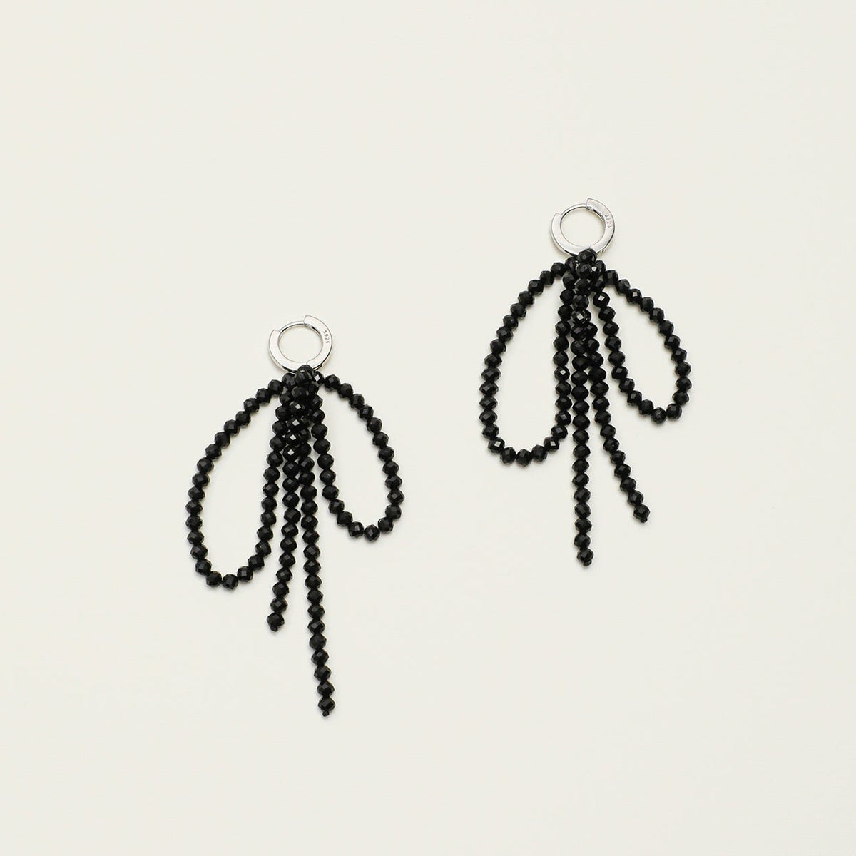 Faceted black tourmaline bow tassel earrings with S925 sterling silver huggie hoops