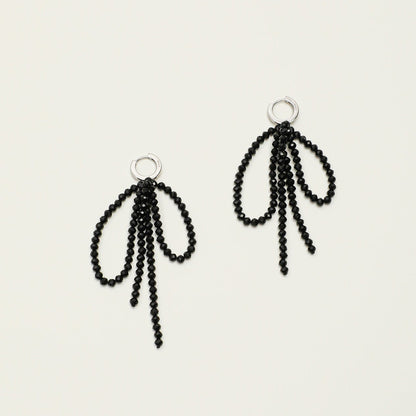 Faceted black tourmaline bow tassel earrings with S925 sterling silver huggie hoops