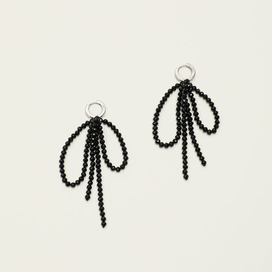 Faceted black tourmaline bow tassel earrings with S925 sterling silver huggie hoops