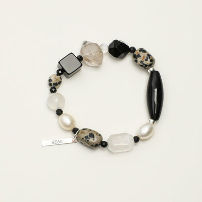 Nocturne and moonlight black agate blue moonstone beaded bracelet with silver charm
