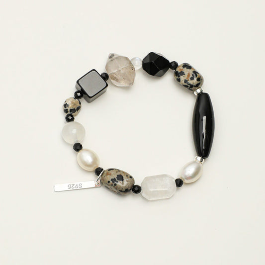 Nocturne and moonlight black agate blue moonstone beaded bracelet with silver charm