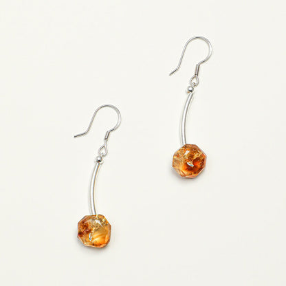 Natural Faceted Citrine and Curved Bar Drop Earrings