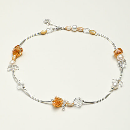 Natural Citrine and Clear Quartz Silver Tube Necklace