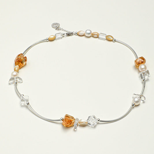 Natural Citrine and Clear Quartz Silver Tube Necklace